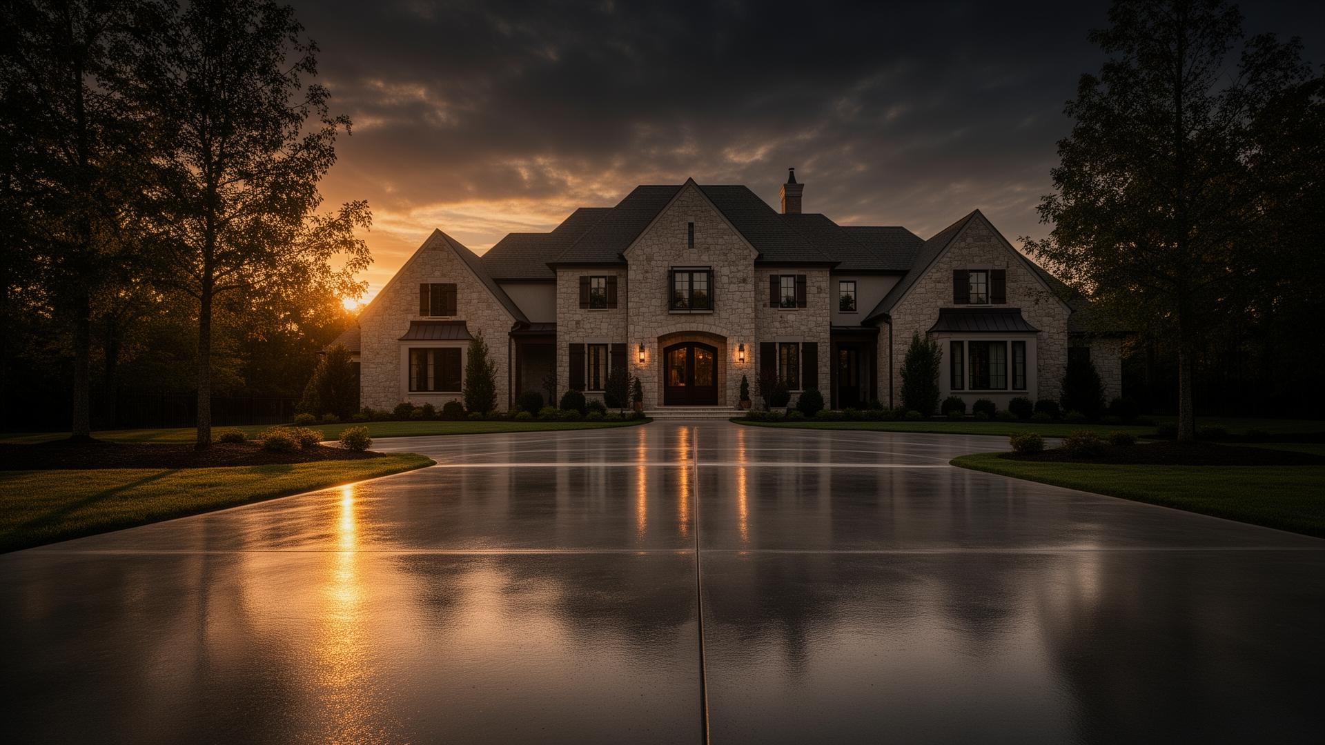 Luxury concrete driveway in front of a Franklin TN estate at sunset